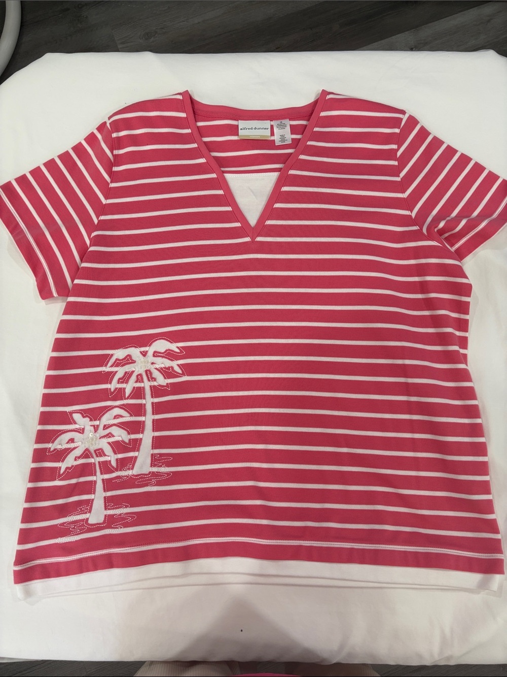 Alfred Dunner Pink & White Striped V-Neck Tee with Palm Motif